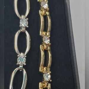 Silver and Gold Tone Metal Tennis Bracelet Style Set in Gift Box